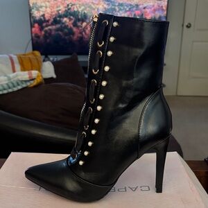 Cape Robbin Black Heeled Boots with Pearl Accents